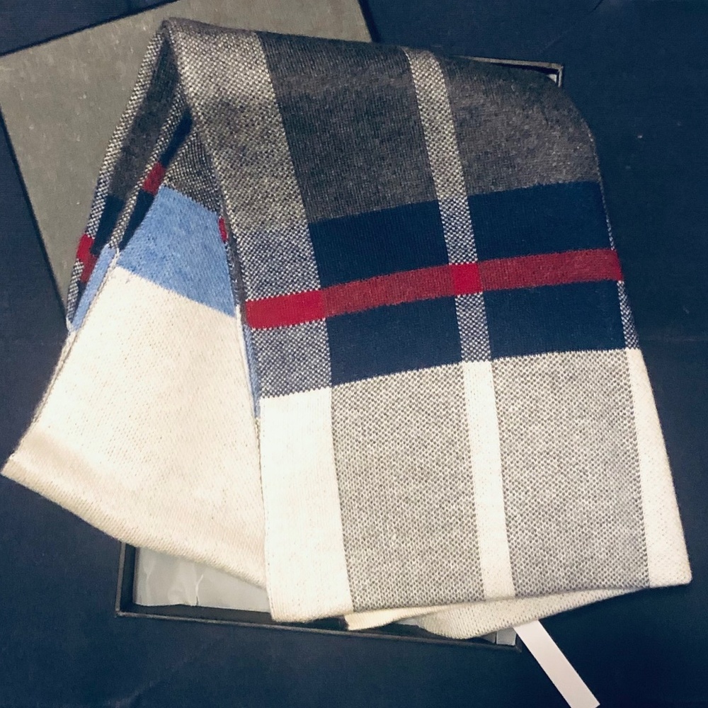 Classic Plaid Men's Scarf in Navy, Gray, White & Red